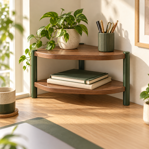 Corner Desk Shelf — concept visualization; styling accessories excluded