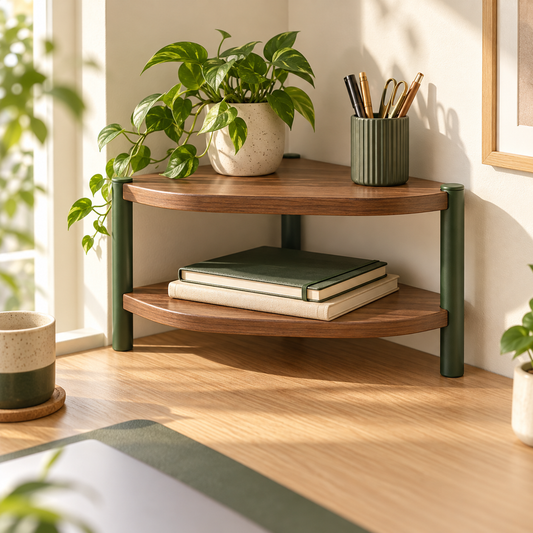 Corner Desk Shelf — concept visualization; styling accessories excluded