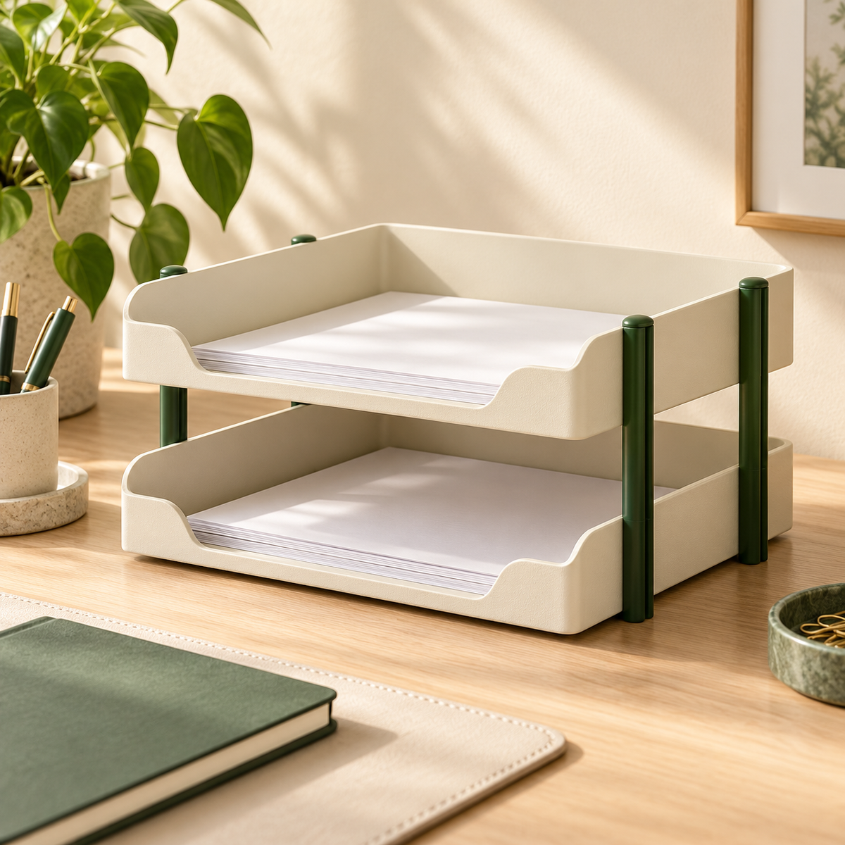 Stack Desk Trays — concept visualization; styling accessories excluded